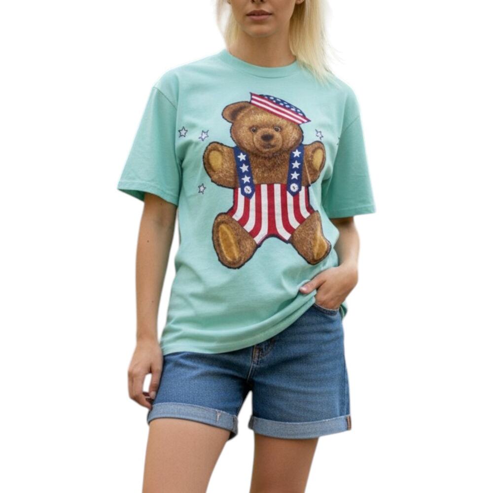 Vintage Y2K Mint Patriotic Teddy Bear Graphic Tee Cotton Unisex S